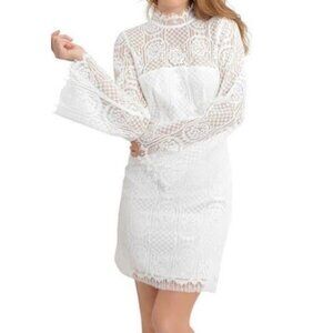 Sugarlips White Lace Mini Dress Size XS Bell Sleeves High Neck Mock Neck New